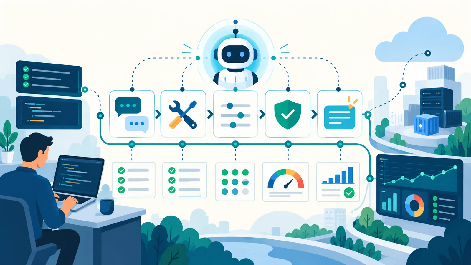 Illustration of an AI agent moving through conversation, tool-use, safety, evaluation, deployment, and production-monitoring stages.